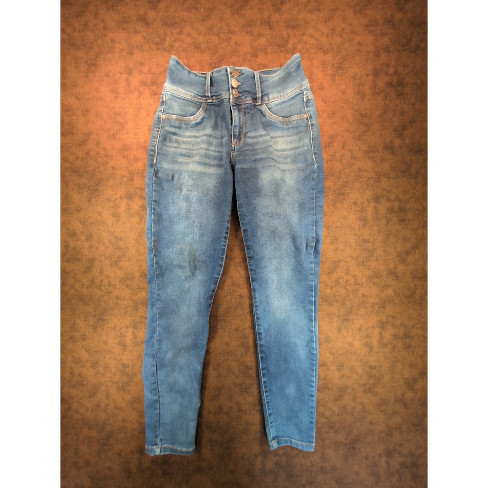 WallFlower Sassy High Rise Skinny Jeans Blue Indigo Triple Button Stretch Sz 11